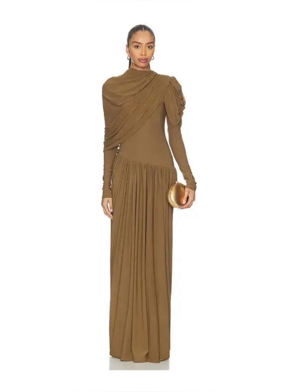 Deme by Gabriella Paulina dress Long Sleeve Draped Olive Brown Maxi Dress